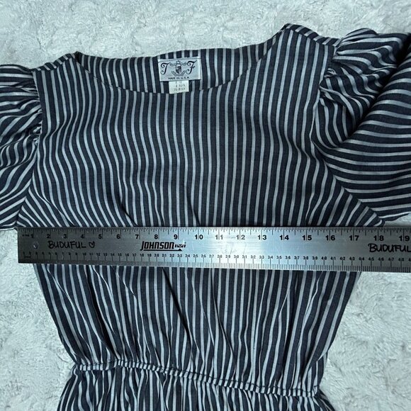Women's Vintage Midi A-Line Dress Puff Sleeve Elastic Waist Striped Gray Size 12 - Picture 7 of 10